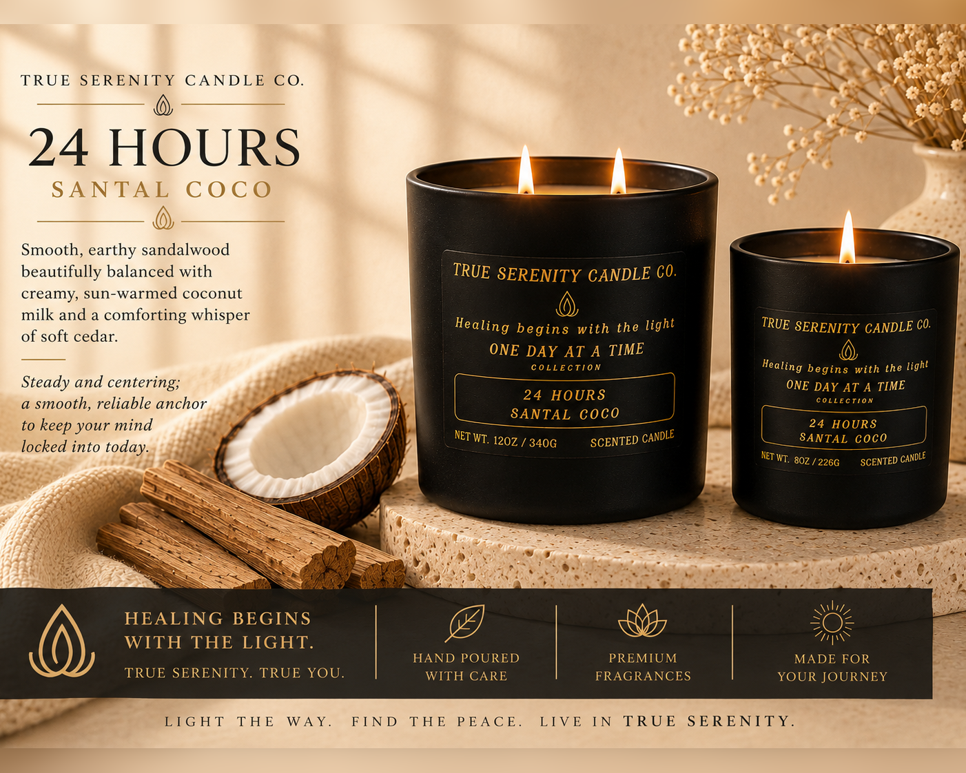 24 Hours Santal Coco candles beside coconut and sandalwood at a lakeside sunset