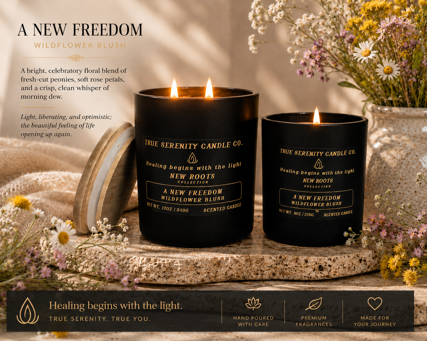 A New Freedom Wildflower Blush candles surrounded by soft wildflowers