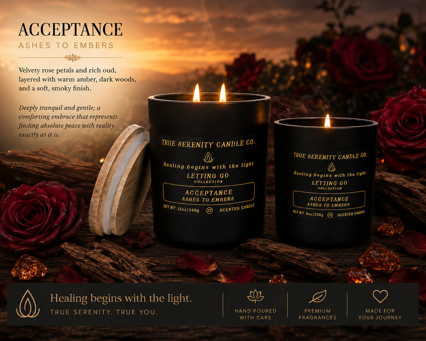 Acceptance Ashes to Embers recovery candles with velvety roses, oud wood, amber, and smoky embers