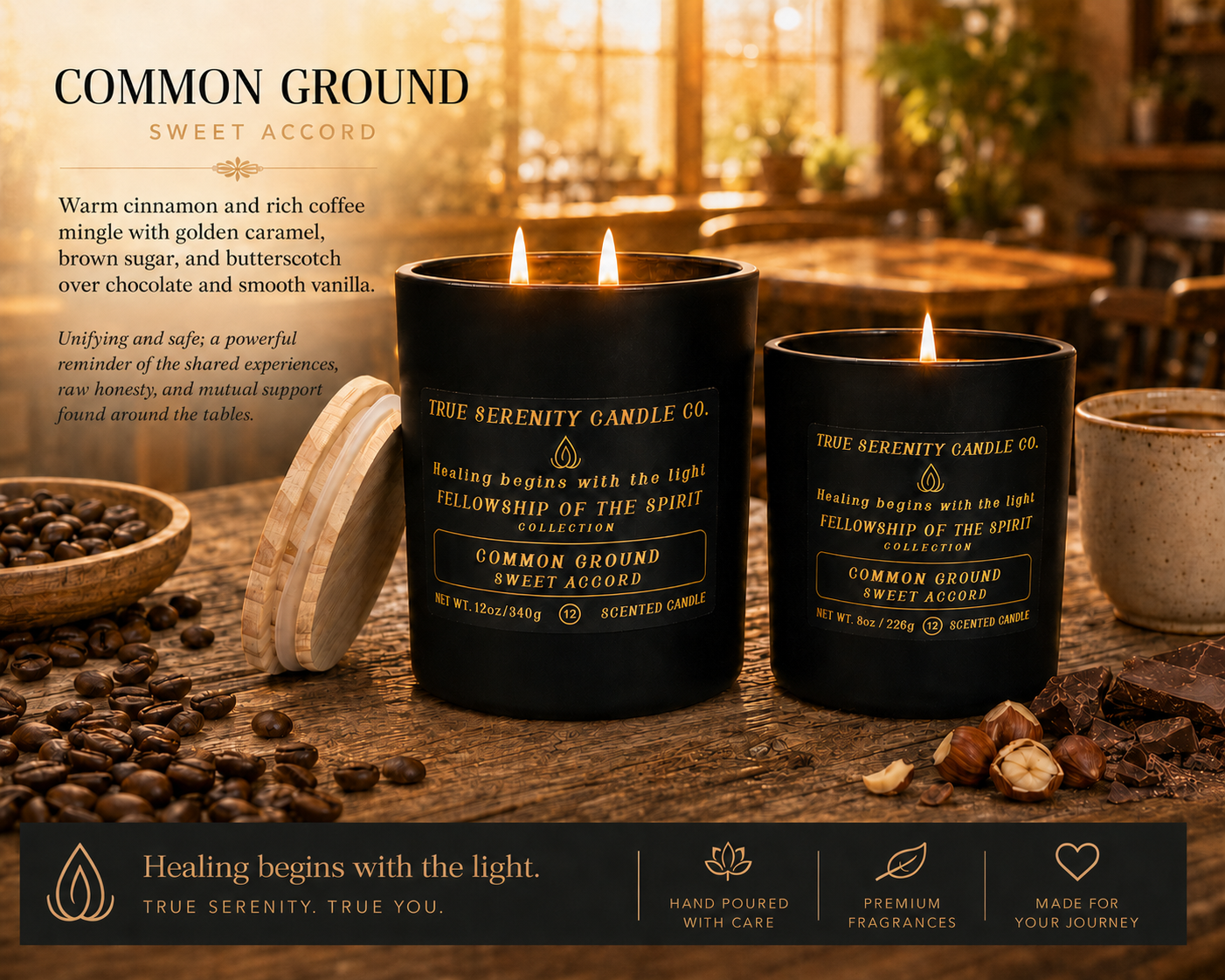 Common Ground Sweet Accord recovery candle with caramel, vanilla bean, brown sugar, and cinnamon
