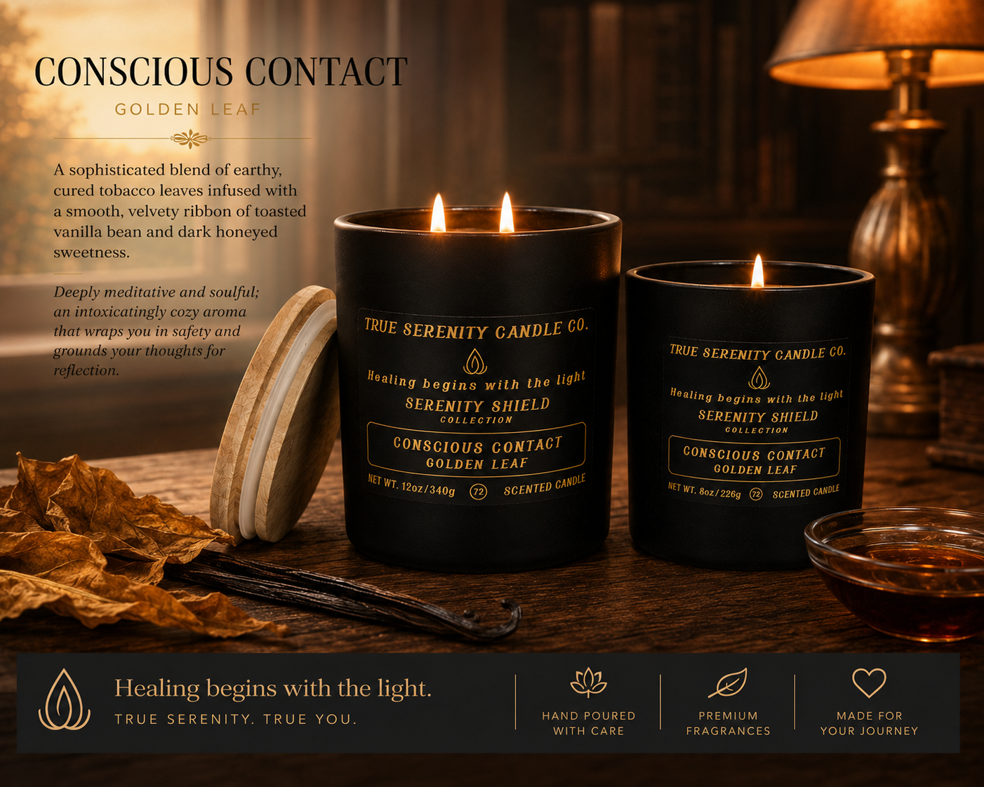 Conscious Contact Golden Leaf recovery candles with cured tobacco leaves, vanilla bean, and dark honey