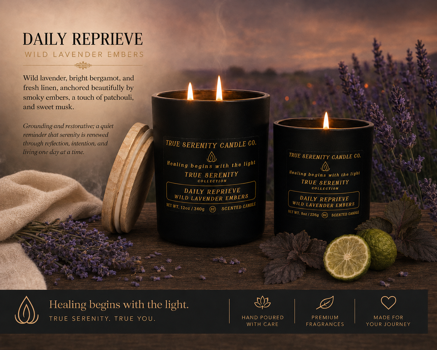 Daily Reprieve Wild Lavender Embers recovery candles with lavender, bergamot, and smoky embers