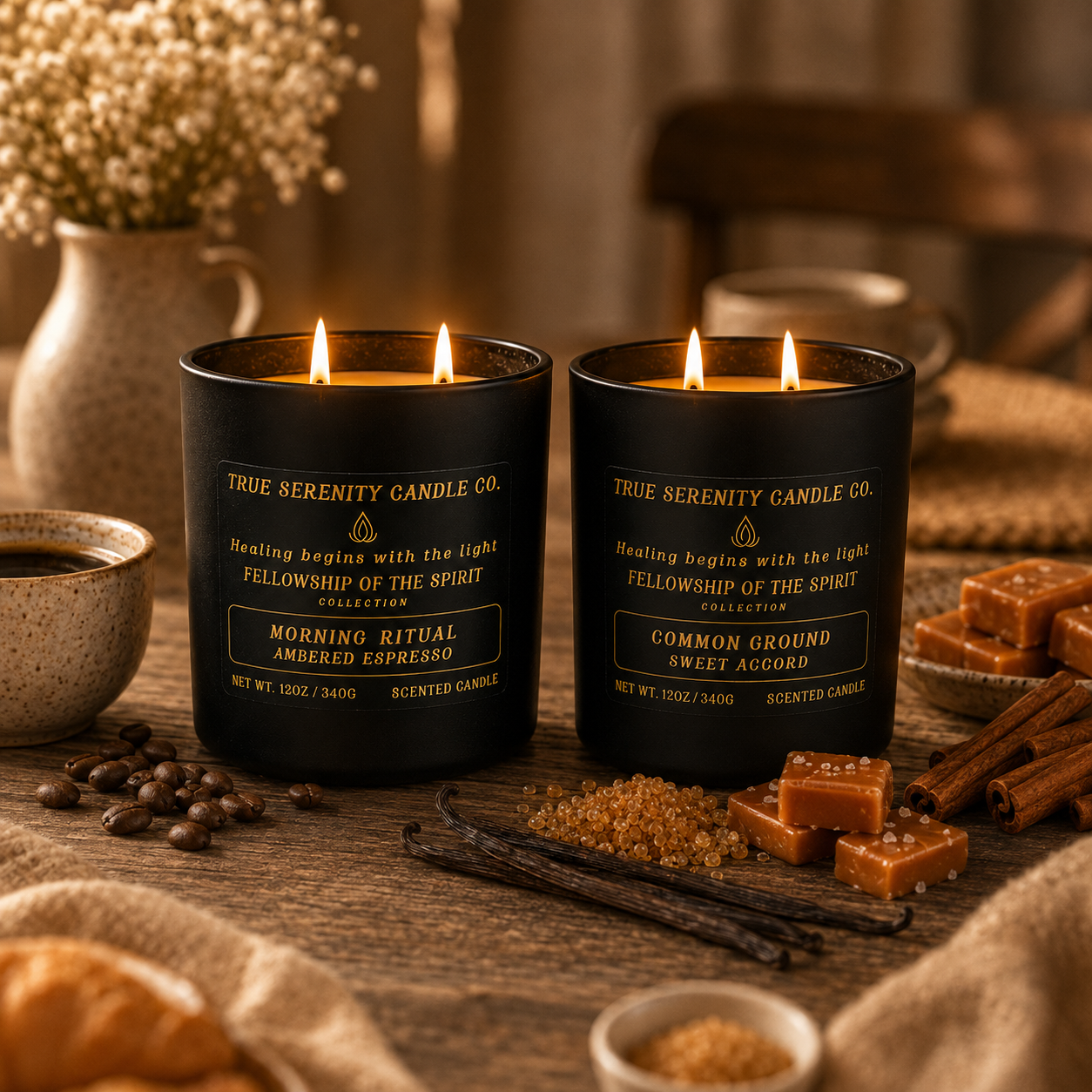 Fellowship of the Spirit collection featuring Morning Ritual and Common Ground recovery candles