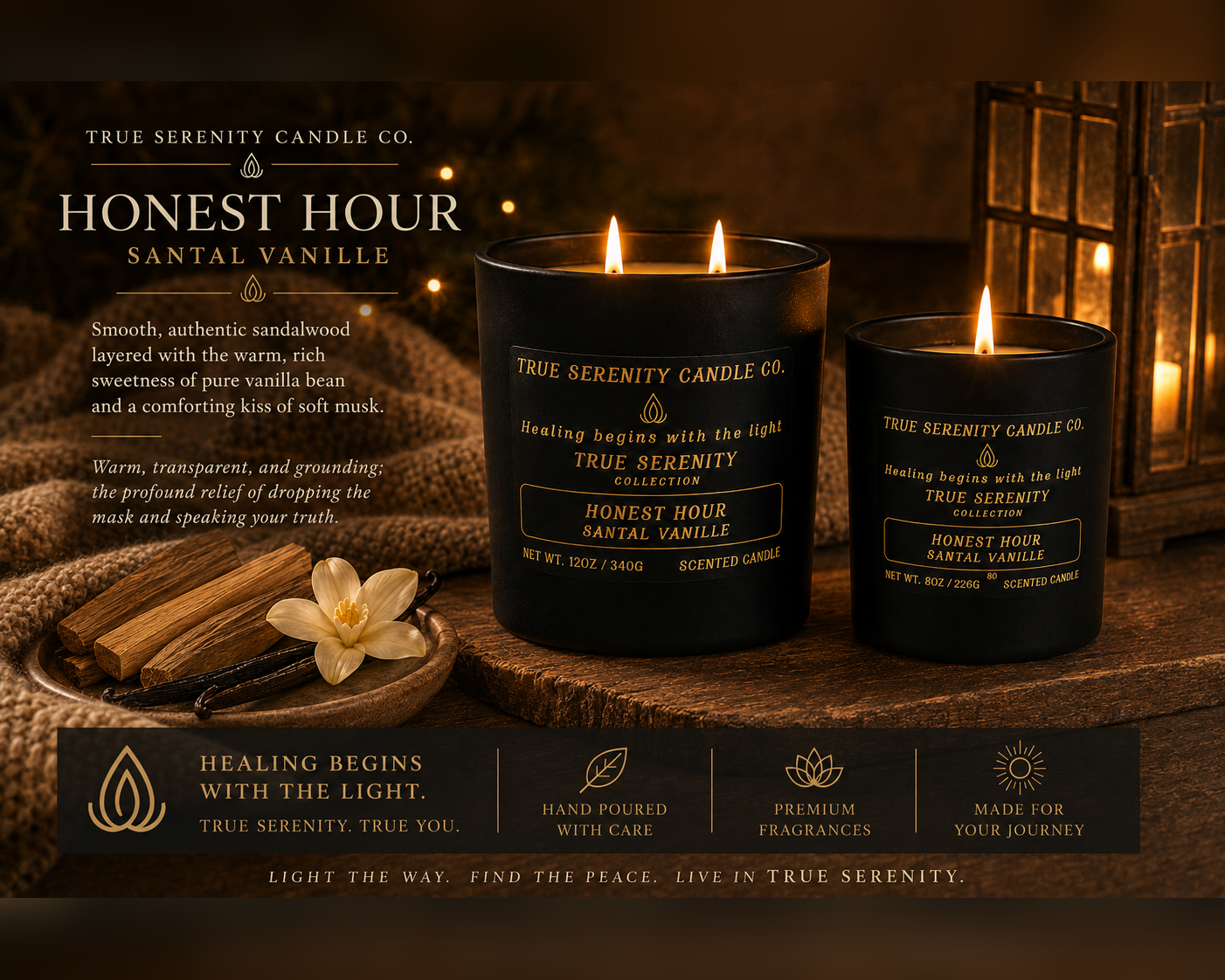 Honest Hour Santal Vanille candles styled with sandalwood and vanilla