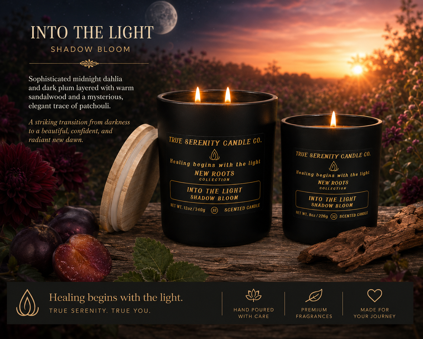 Into the Light Shadow Bloom 8 oz and 12 oz recovery candles at the transition from moonlight to sunrise