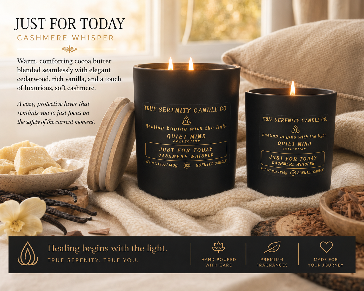 Just for Today Cashmere Whisper 8 oz and 12 oz recovery candles with cocoa butter, vanilla, and cedarwood