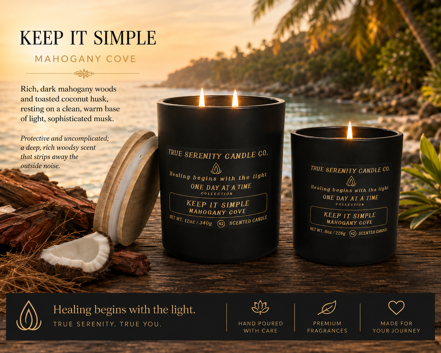 Keep It Simple Mahogany Cove 8 oz and 12 oz recovery candles with mahogany wood and coconut