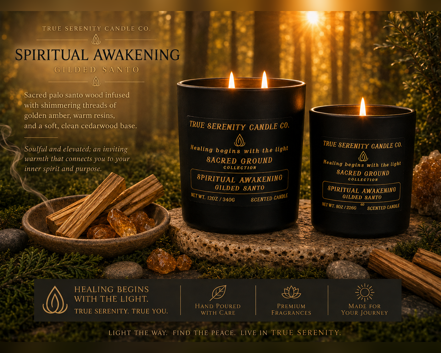 Spiritual Awakening Gilded Santo candles styled with palo santo and golden amber