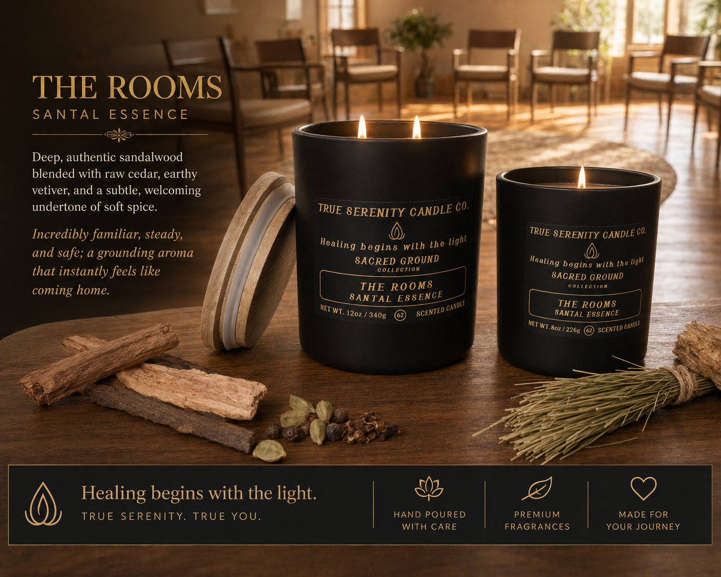 The Rooms Santal Essence 8 oz and 12 oz recovery candles in a welcoming meeting room